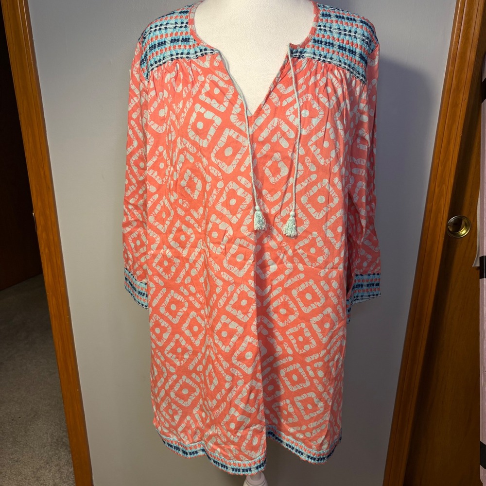 J.‎ McLaughlin Coral Geometric Print Tunic Dress Embroidered resortwear vacay XL